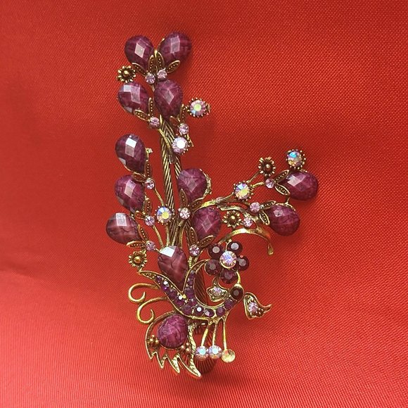 VTG Peacock Hair Clip Claw Purple Acrylic Stones Rhinestones Repaired main image 4
